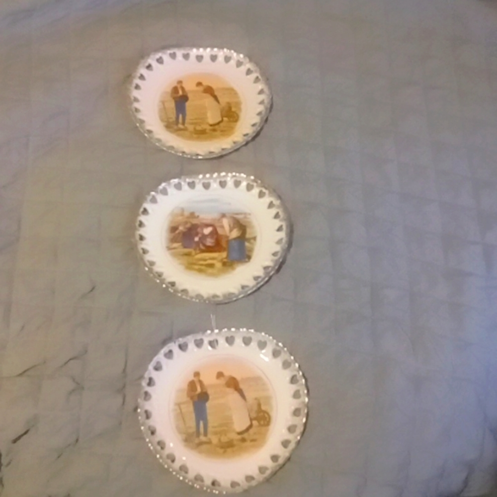 Set of 3 Vintage lattice edge work decorative plates